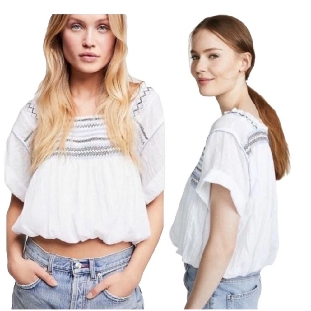 Free People Wandering Skies Blouse White Embroidered Boho Bubble Crop Top Small